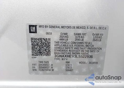 2020 Chevrolet Equinox Fwd Ls z USA, uszkodzony, nr VIN 3GNAXHEV3LS522936